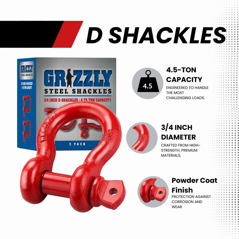 GRIZZLY 2 Pack- D Ring Shackles 3/4 INCH â€“ Red â€“ Heavy Duty Forged Steel with 4.75 Ton Capacity â€“ Ideal for Jeeps, ATVâ€™s, Trucks to use with Recovery,Towing, Snatch Straps,Snatch Block,Tree Savers - Image 2